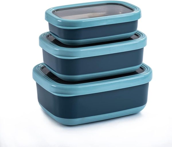 Leak Proof Steel Food Containers - Snack Stainless Steel Containers - Ideal for Educational Settings & Daycare - Nesting Trio with Silicone Lids - 47oz+30oz+16oz - Dark Blue