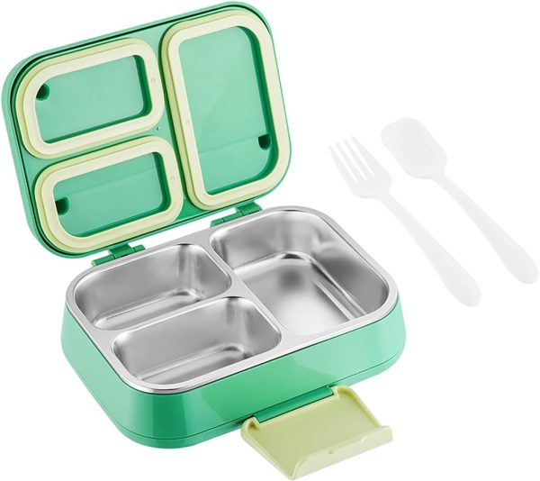 Stainless Steel Bento Box for Kids, Leakproof Lunch Box Double Layer 3 Compartment Metal Snack Container for School & Outdoor and Office (Green)