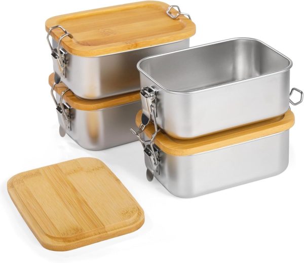 4 PCS Bento Boxes, Stainless Steel Lunch Box with Wooden Lid, 550 ml Metal Lunch Containers for Office School Picnics, Leak-Proof Buckles - Image 2