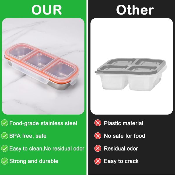 Stainless Steel Snack Containers, Reusable 3 Compartment Snack Containers with Lids for Kids, Divided Food Storage Containers Condiment Box Sauce Cups for School, Travel, Home - Image 2