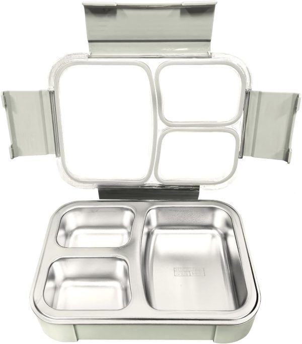 Stainless Steel Bento Box - 3 Compartment Metal Meal Prep Lunch Box with Leak Proof Seal, Food Grade Safe, 304 Stainless Steel and BPA Free, Metal Lunch box for Adults, Silicone Seal (Grey)