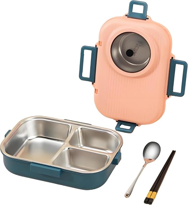 Bento Lunch Box, 304 Stainless Steel Portable Leakproof Lunch Food Containers Set with 3 Compartment for Adults - with Chopsticks Spoon Soup Bowl Gift for Friends, Family (Pink)