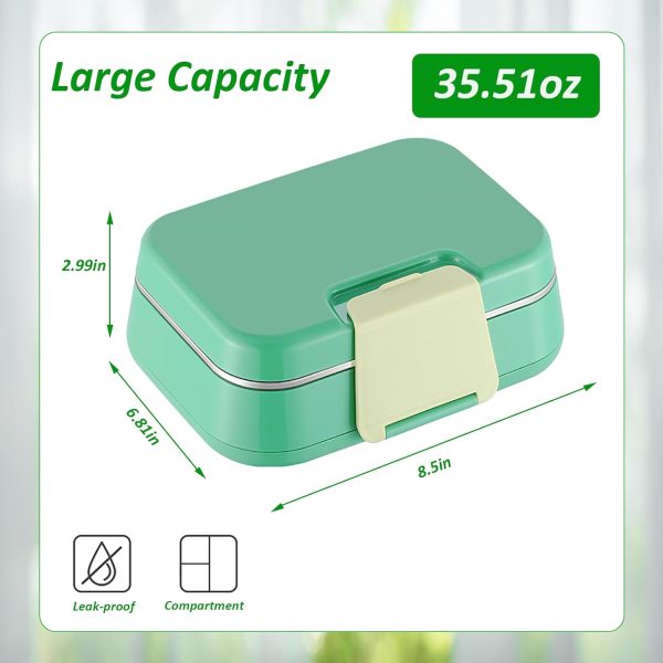 Stainless Steel Bento Box for Kids, Leakproof Lunch Box Double Layer 3 Compartment Metal Snack Container for School & Outdoor and Office (Green) - Image 2