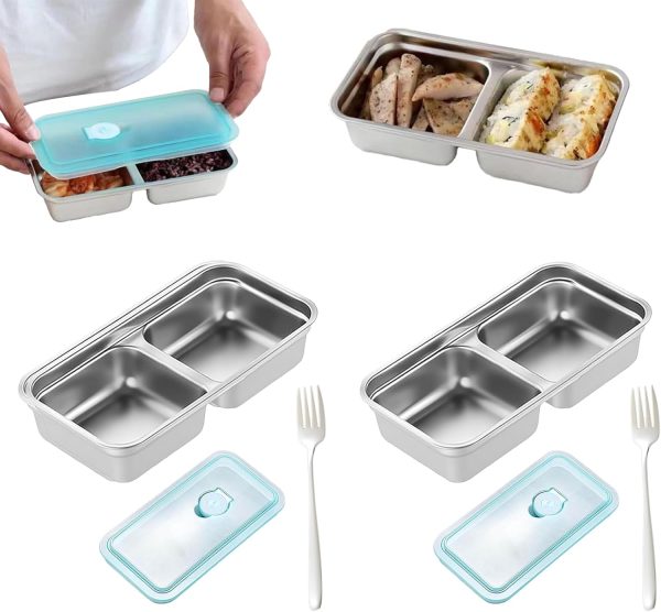 2-Pack Stainless Steel Snack Containers with Forks, Leakproof 304 Bento Snack Box with Date Dial, Portion Control Food Box for Travel, Outdoor, Healthy Snacks, Dishwasher Safe (Silver Set)