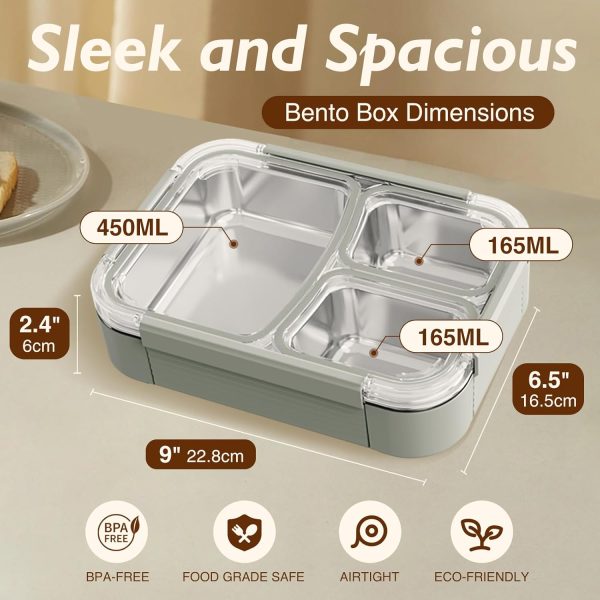 Stainless Steel Bento Box - 3 Compartment Metal Meal Prep Lunch Box with Leak Proof Seal, Food Grade Safe, 304 Stainless Steel and BPA Free, Metal Lunch box for Adults, Silicone Seal (Grey) - Image 2