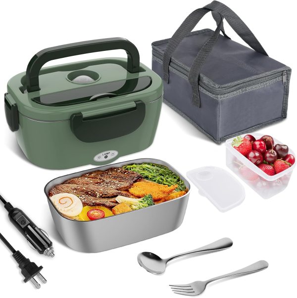 Electric Lunch Box for Adults, 80W Heated Lunch Box Portable Food Warmer Lunch Box for Work/Men/Car/Truck with 1.5L 304 Stainless Steel Container Fork & Spoon, 110V/12V/24V
