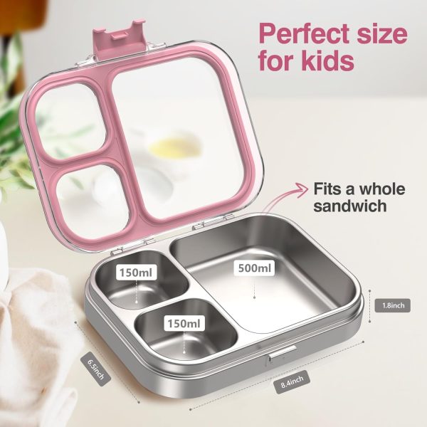 Stainless Steel Lunch Box, 3 Compartments Metal Bento Box for Kids Adults, Leak-Proof Lunch Box for School Office, Dishwasher Safe, BPA-Free,  Lid, Pink - Image 2