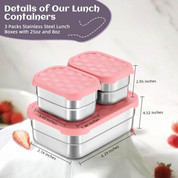 Stainless Steel Lunch Box for Kids, Leak Proof Food Storage Containers with Silicone Lids, Reusable Easy-Opened Lunch Containers, Portable Metal Snack Box, Dishwasher Safe (8oz*2+25oz) - Image 2
