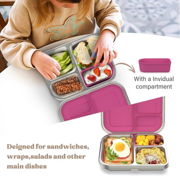 Stainless Steel Bento Box Kids, 3 Compartments Leak Proof Metal Bento Lunch Box, 304 Stainless Steel Bento Lunch Containers for School and Office,Dishwasher Safe, BPA-Free-Pink - Image 2