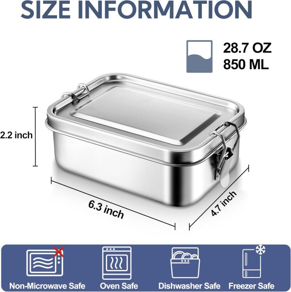 Stainless Steel Bento Box, Medium 850ml Metal Bento Lunch Box Container, 28oz Leak-Proof Lunch Container with Lids and 2 Removable Dividers, Reusable Meal Storage for Camping Picnic Travel Work - Image 2