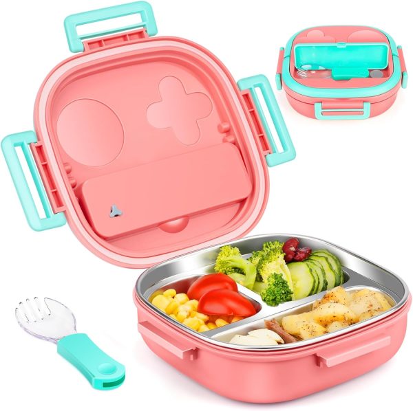 Stainless Steel Toddler Bento Box - 3-Compartment Lunch for Kids Ages 1-3 | Leakproof Lock & Portable Utensil Set | BPA-Free,Dishwasher Safe | Daycare,Preschool,Travel (Pink)