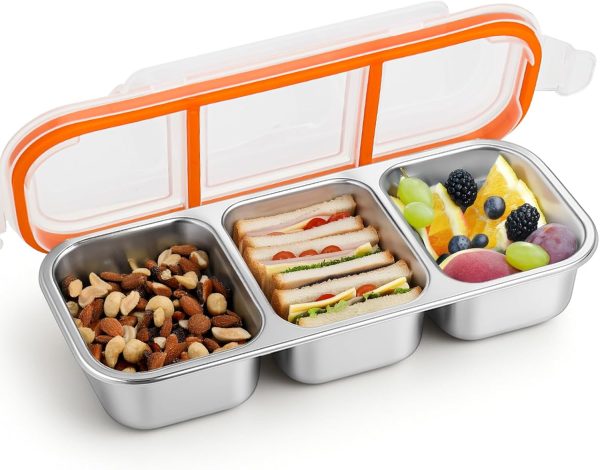 Stainless Steel Snack Containers, Reusable 3 Compartment Snack Containers with Lids for Kids, Divided Food Storage Containers Condiment Box Sauce Cups for School, Travel, Home