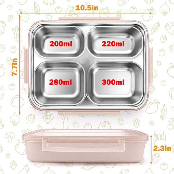 Stainless Steel Bento Box for Kids & Adults - 4 Compartments Lunch Box Kids, BPA-Free Leakproof Food Container, Durable & Dishwasher Safe for School/Office/Travel, 1000ml - Image 2