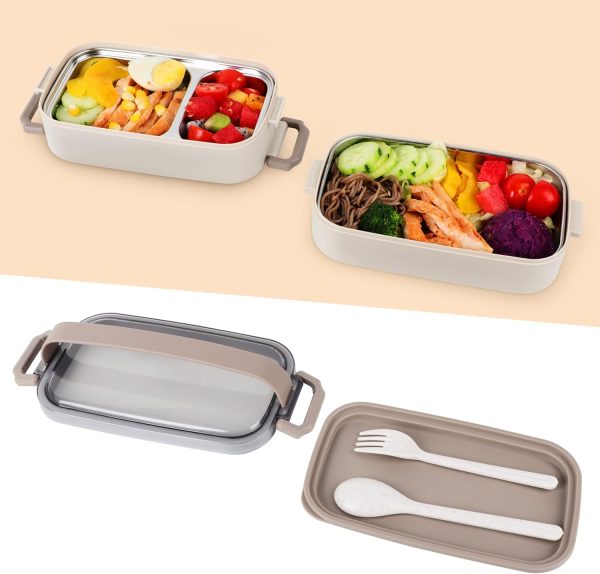 Stainless Steel Bento Box for Adults&Kids,Japanese Leakproof Lunch Box Divided Food Meal Storage Containers Set Stackable 2 Layer for Children School Picnic Beige - Image 2