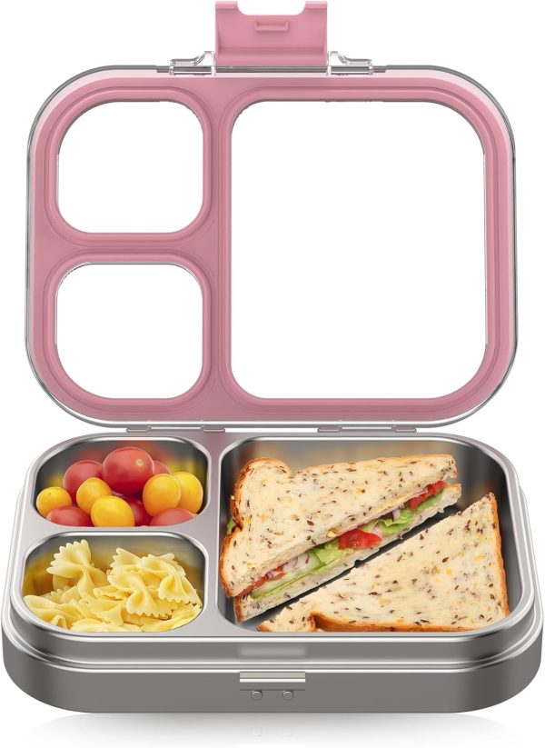 Stainless Steel Lunch Box, 3 Compartments Metal Bento Box for Kids Adults, Leak-Proof Lunch Box for School Office, Dishwasher Safe, BPA-Free,  Lid, Pink
