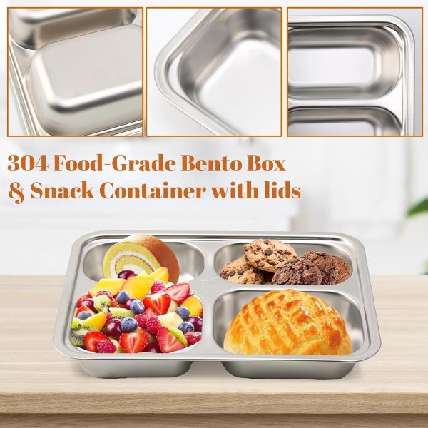 Stainless Steel Snack Containers with Lid – Plastic-Free 4-Compartment Metal Lunch, Bento Snack Boxes for Home, School, and Travel - Image 2