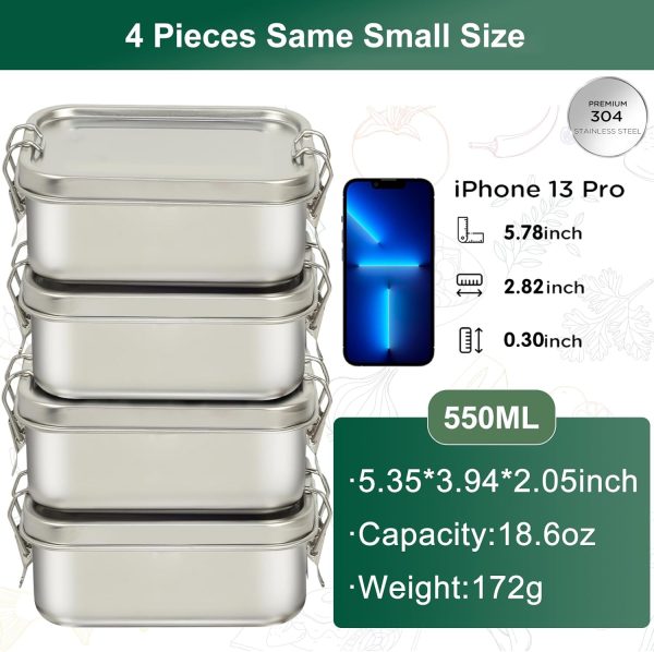 4 PCS 304 Stainless Steel Bento Box & Metal Lunch Box: 550ml/18.6oz with 4 Free Condiment Container, Leak-Proof Food Containers with Lids Ideal for Travel, Work, and Home-Leftover Storage - Image 2