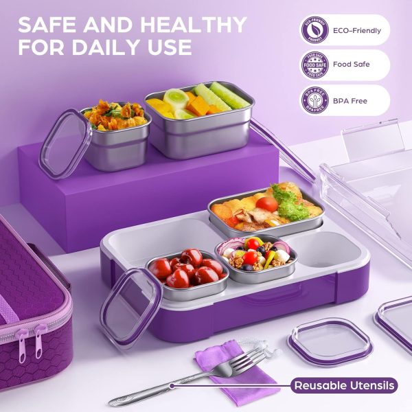 Lunch Boxes Stainless Steel Bento Box with Insulated Lunch Bag & Fork, Leakproof Metal Lunchbox Set for Adults Kids Bento-Style 5 Compartments Snack Containers, BPA-Free, Dishwasher Safe (Purple) - Image 2