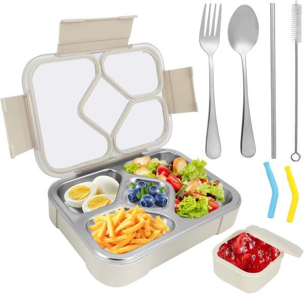 Stainless Steel Tray Bento Lunch Box with Sauce Cup Drop-Proof, Leak-Proof 4 Compartments Container for Work, Travel, Dishwasher Safe, Made with Food-Safe Materials (Off-White)