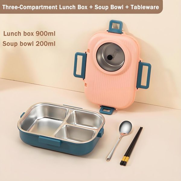Bento Lunch Box, 304 Stainless Steel Portable Leakproof Lunch Food Containers Set with 3 Compartment for Adults - with Chopsticks Spoon Soup Bowl Gift for Friends, Family (Pink) - Image 2