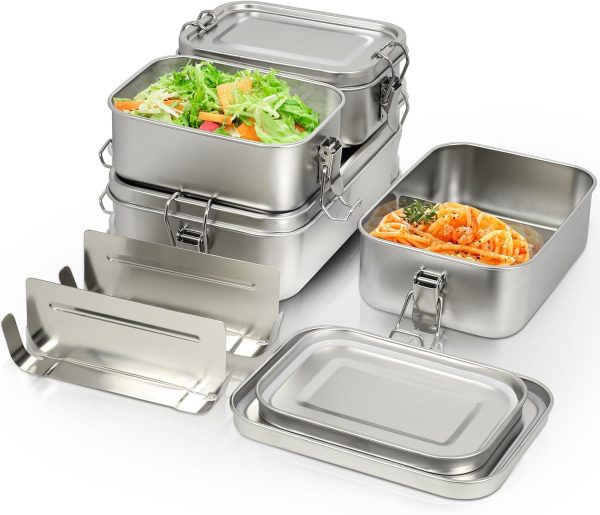 304 Stainless Steel Lunch Box and Food Containers with Lids 4 Pack 1400/850/550/550ml, Leak-Proof and Stackable Stainless Steel Bento Box for Travel and Work Adults