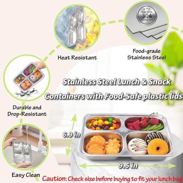 Stainless Steel Snack Containers with Lids - 3 Pack - 4 Compartments Bento Snack Boxes - Reusable Meal Prep Lunch Containers for Kids Adults - Divided Food Storage Container for School Home Travel - Image 2