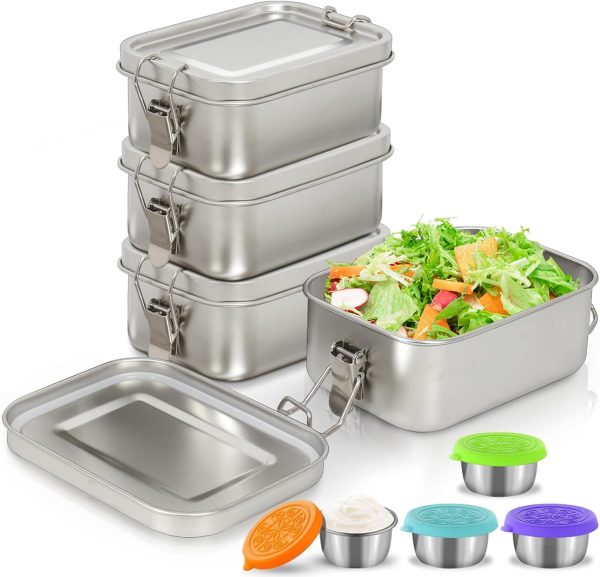 4 PCS 304 Stainless Steel Bento Box & Metal Lunch Box: 550ml/18.6oz with 4 Free Condiment Container, Leak-Proof Food Containers with Lids Ideal for Travel, Work, and Home-Leftover Storage