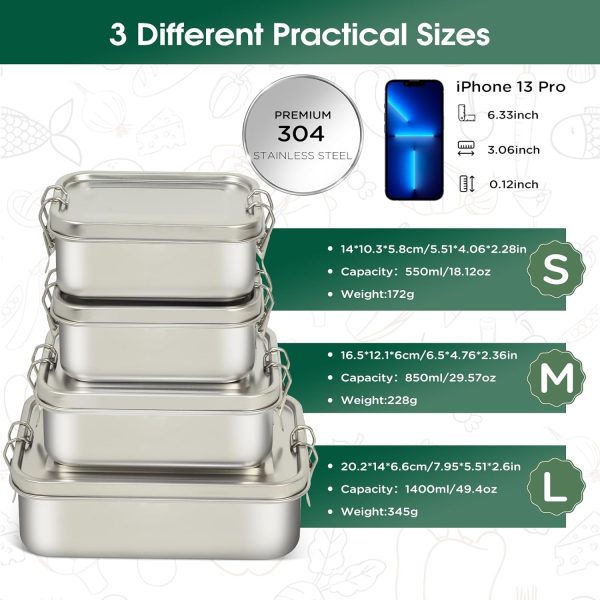 304 Stainless Steel Lunch Box and Food Containers with Lids 4 Pack 1400/850/550/550ml, Leak-Proof and Stackable Stainless Steel Bento Box for Travel and Work Adults - Image 2