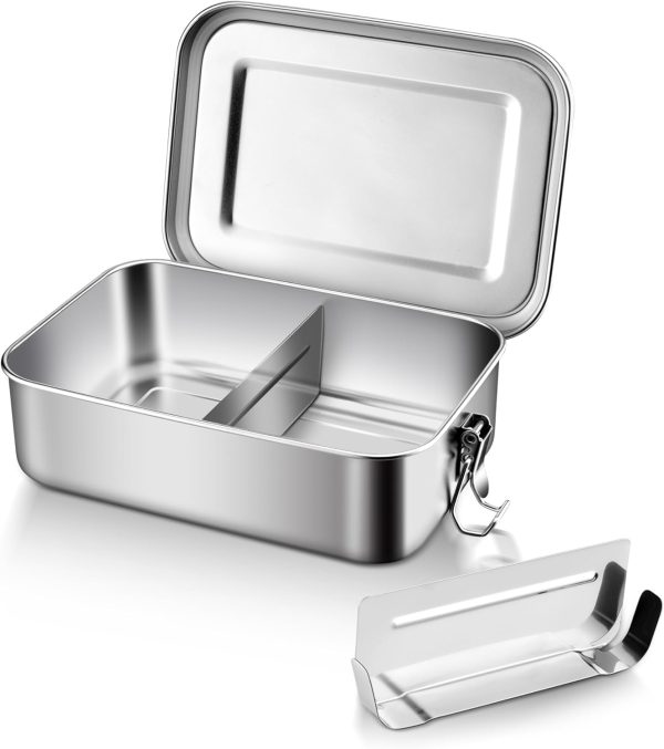 Stainless Steel Bento Box, Medium 850ml Metal Bento Lunch Box Container, 28oz Leak-Proof Lunch Container with Lids and 2 Removable Dividers, Reusable Meal Storage for Camping Picnic Travel Work