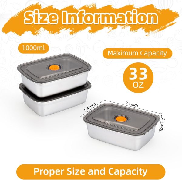 3 PCS Stainless Steel Food Storage Containers(33oz) with Lids Leak Proof & Airtight | Stainless steel freezer Containers,Airtight Bento Lunch Box,For Meal Prep,Fruit,Snack,Freezer - Image 2