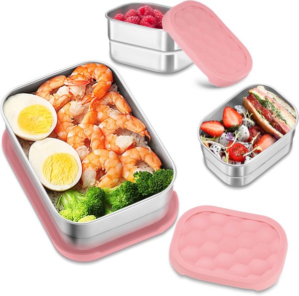 Stainless Steel Lunch Box for Kids, Leak Proof Food Storage Containers with Silicone Lids, Reusable Easy-Opened Lunch Containers, Portable Metal Snack Box, Dishwasher Safe (8oz*2+25oz)